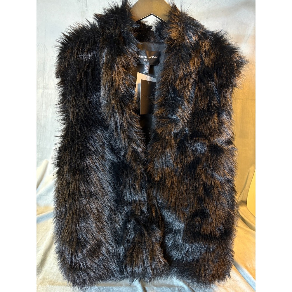 Adrienne Landau Womens Black Onyx Faux Fur Vest Rose Quartz Collection NWT    XL